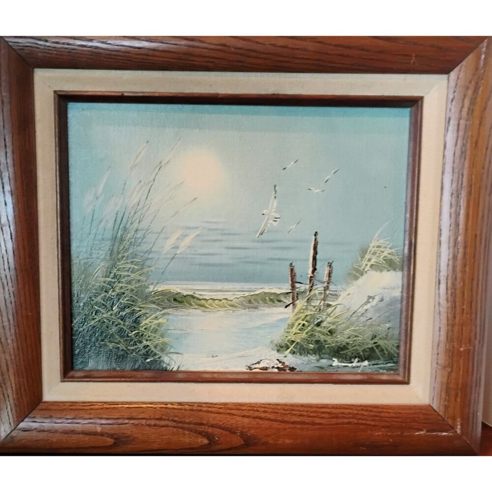 Vtg Original Oil Painting Artist Signed Beach Seascape Scene Seagulls Ocean Wave - Picture 1 of 8